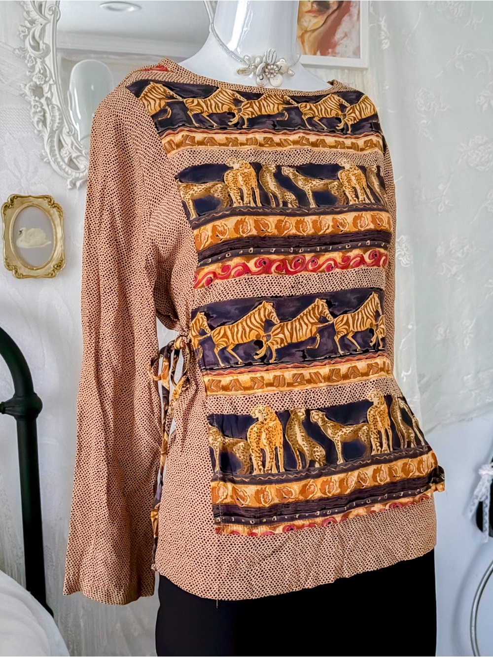 Vintage retro safari cheetah multicolor blouse - Picture 3 of 6